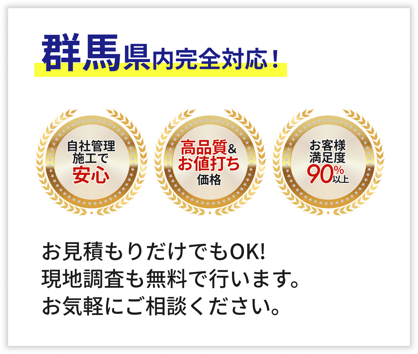 ”群馬県内完全対応！お見積もりだけでもOK!現地調査も無料で行います。お気軽にご相談ください。”